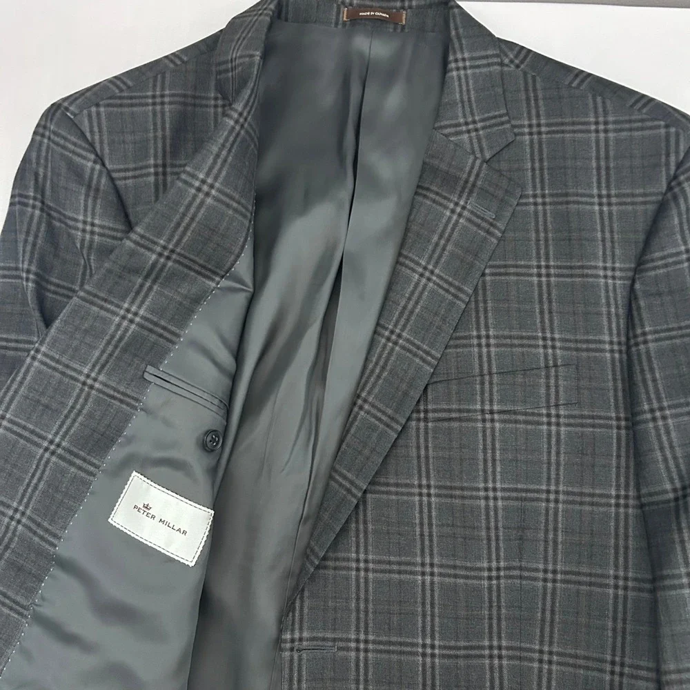 Peter Millar Flynn Sport Coat Men 44R Gray Plaid 100% Wool Jacket Made in Canada